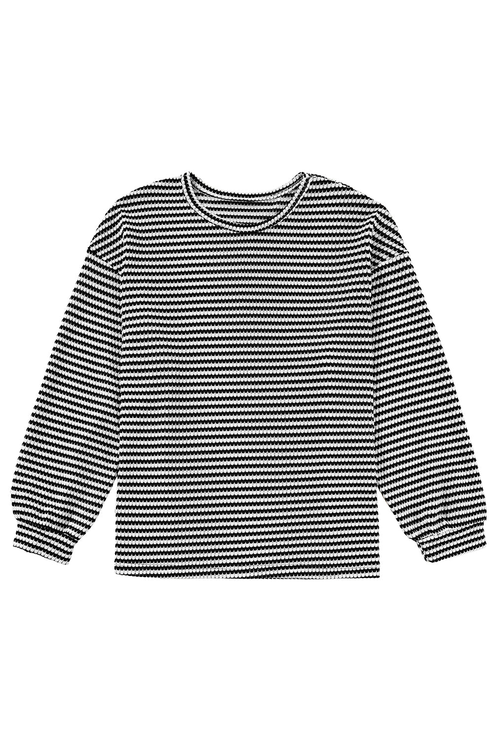 Black Stripe Drop Shoulder Puff Long Sleeve O Neck Plus Size T Shirt