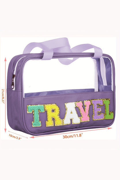 Purple TRAVEL Chenille Letter Clear PVC Makeup Bag