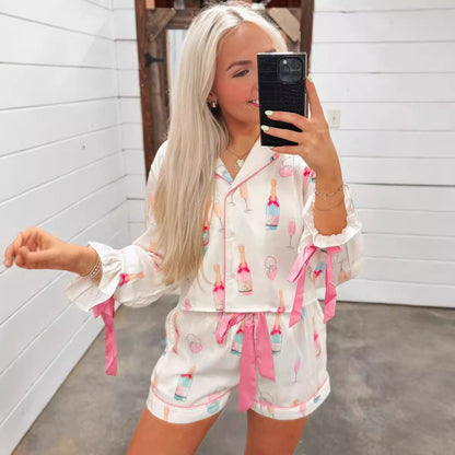 Women's Christmas Bow Long Sleeve Pajamas Shorts Suit