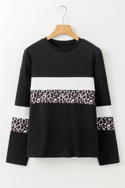 White Leopard Colorblock Patchwork Crew Neck Long Sleeve Tee